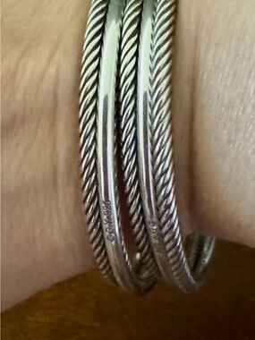 David Yurman Silver Cable Bangle Bracelet stack -5